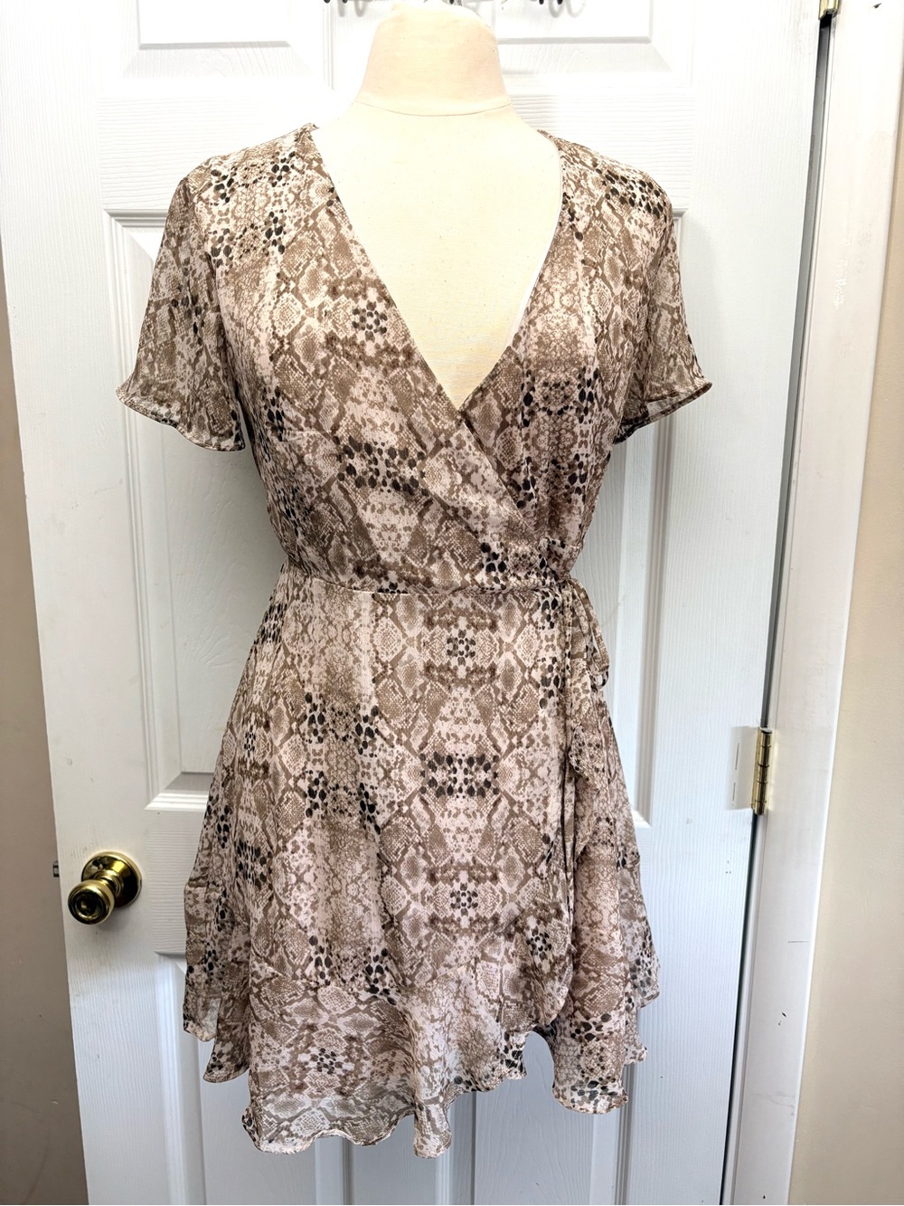 All In Favor Snake Print Wrap Mini Dress - Neutral Taupe - Picture 2 of 5